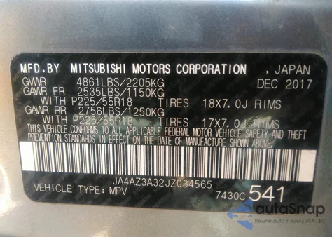 2018 Mitsubishi Outlander Le from USA, damaged, VIN JA4AZ3A32JZ034565